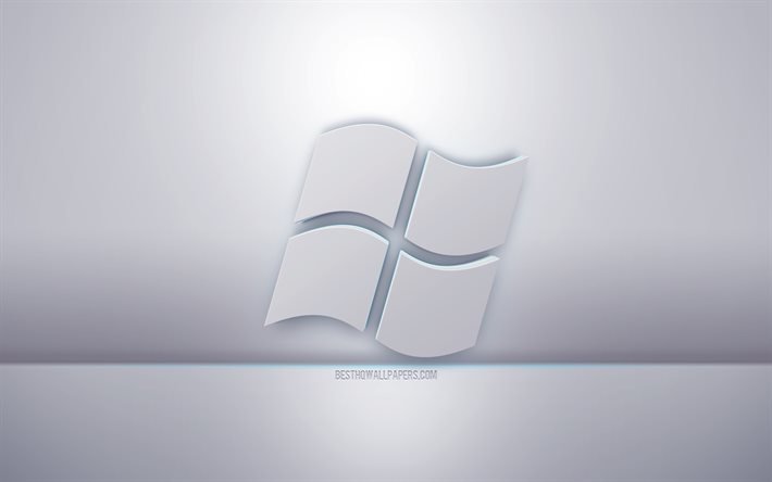 Windows 3d valkoinen logo, harmaa tausta, Windows logo, luova 3d taide, Windows, 3d tunnus