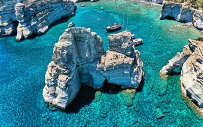 Ksylokeratia Milos, 4k, vik, hav, klippor, sommarlopp, Grekland, Europa, vacker natur