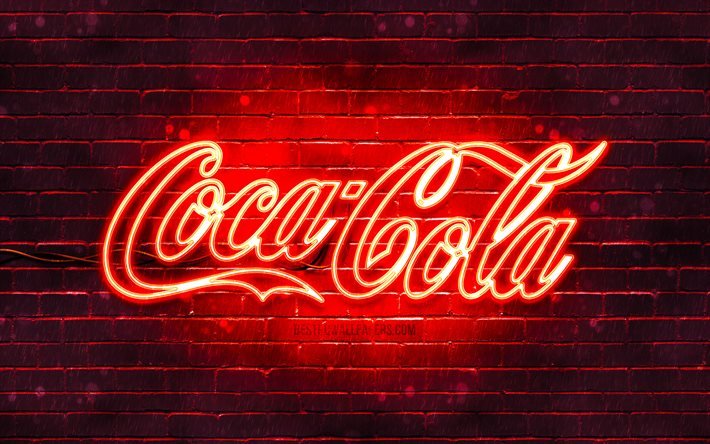 Coca-Cola red logo, 4k, red brickwall, Coca-Cola logo, brands, Coca-Cola neon logo, Coca-Cola
