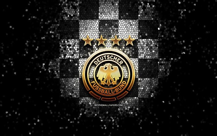 Sele&#231;&#227;o alem&#227; de futebol, logotipo brilhante, UEFA, Europa, fundo preto e branco quadriculado, arte em mosaico, futebol, Sele&#231;&#227;o Alem&#227; de Futebol, Logotipo da DFB, Alemanha