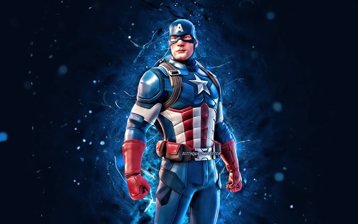 Captain America, 4k, n&#233;ons bleus, jeux 2020, Fortnite Battle Royale, Personnages Fortnite, Skin Captain America, Fortnite, Captain America Fortnite