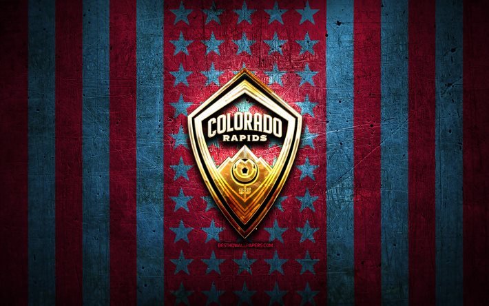 Colorado Rapids bayrağı, MLS, mor mavi metal arka plan, amerikan futbol kul&#252;b&#252;, Colorado Rapids logosu, ABD, futbol, Colorado Rapids FC, altın logo