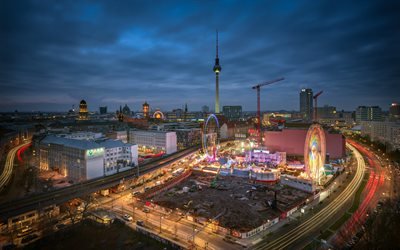 Berlin Televizyon Kulesi, gece manzaraları, şehir manzaraları, Avrupa, Berlin, alman şehirleri