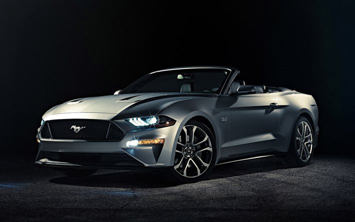 Ford Mustang, 2017, Convertible, silver Mustang, sports car, Ford