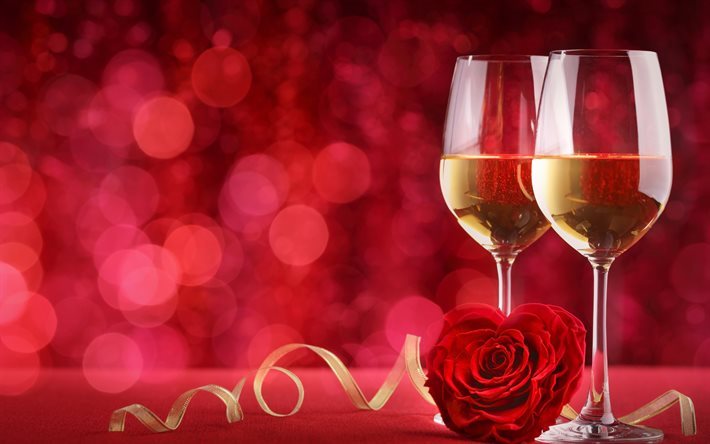 romance, Glasses of champagne, Valentine&#39;s Day, red roses, champagne