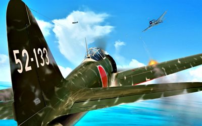 Mitsubishi A6M Zero, Navy of Imperial Japan, Japanese fighter, Grumman F6F Hellcat, air battle, World War II, WWII
