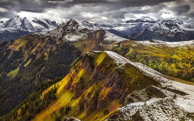 mountain landscape, Alps, rocks, green slopes, snow-capped peaks