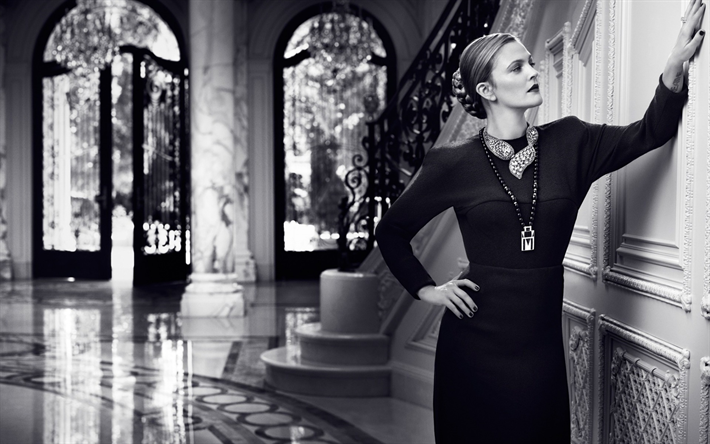 Drew Barrymore, robe noire, photoshoot, l&#39;actrice am&#233;ricaine, photo noir et blanc