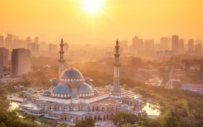 federal territory mosque, masjid das wilayah persekutuan kuala lumpur, malaysia, moschee, sonnenuntergang, osmanischen und malaiischer architektonischer stile