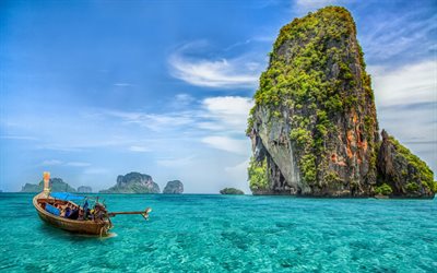 tropical island, summer travel, Thailand, boat, tourism, blue lagoon