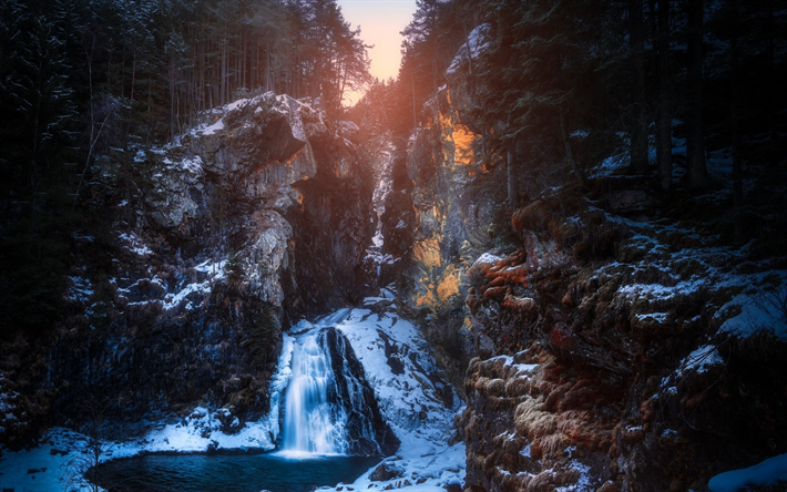 waterfall, rocks, sunset, winter, snow, forest