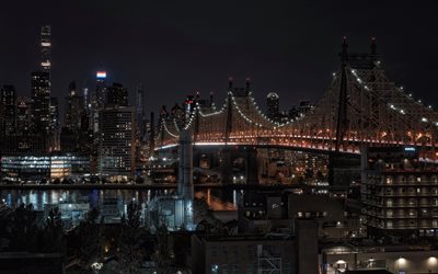 Queensboro Bridge, Roosevelt Island, New York, East River, night, city lights, night city, USA
