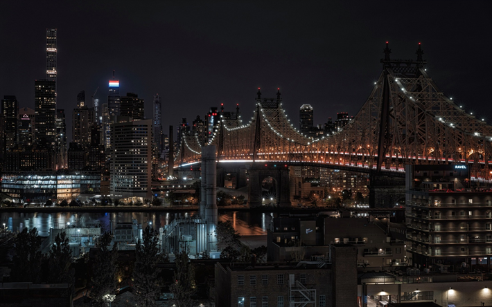 Queensboro Bridge, Roosevelt Island, New York, East River, y&#246;, kaupungin valot, y&#246; kaupunki, USA