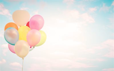 bunch of balloons, multicolored inflatable balls, sky, clouds, colored balloons
