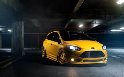 Ford Focus St, 2017, yellow hatchback, tuning focus, garage, Ford