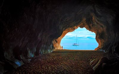 Mar mediterr&#226;neo, caverna, gruta, ver&#227;o, mar, Sardenha, It&#225;lia, Europa