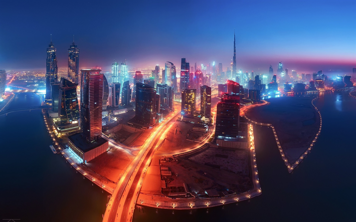 Duba&#239;, la nuit, le brouillard, les lumi&#232;res de la ville, gratte-ciel, &#201;MIRATS arabes unis, vie nocturne, Burj Khalifa