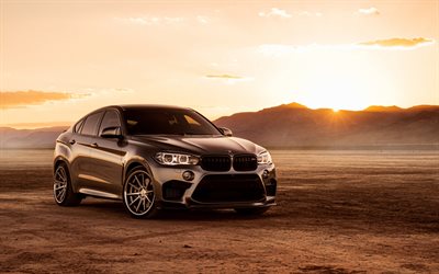 BMW X6M, 2017, الأسود سيارات الدفع الرباعي الفاخرة, ضبط X6, الصحراء, غروب الشمس, BMW