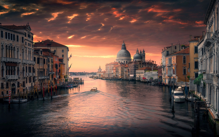 Venise, Italie, coucher de soleil, d&#39;un canal, des maisons, des lieux romantiques, les bateaux