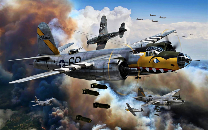 Martin B-26 Marauder, B-26B, Messerschmitt Bf109, Bf-109, Luftwaff, USAAF, World War II, military aircraft