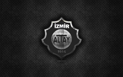 Altay SK, Turkish football club, black metal texture, metal logo, emblem, Izmir, Turkey, TFF First League, 1 Lig, creative art, football