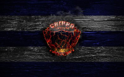 Chippa United FC, fire logo, Premier Soccer League, blue and white lines, South African football club, grunge, football, soccer, Chippa United logo, wooden texture, South Africa