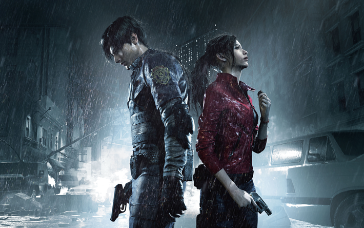 Leon Scott Kennedy, Claire Redfield, 4k, Resident Evil 2, affisch, 2019 spel, Survival horror