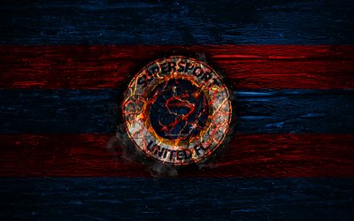 SuperSport United FC, fire logo, Premier Soccer League, blue and red lines, South African football club, grunge, football, soccer, SuperSport United logo, wooden texture, South Africa