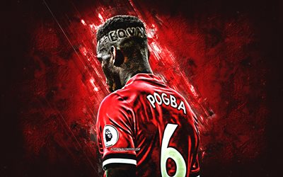 Paul Pogba, pedra vermelha, O Manchester United FC, franc&#234;s de futebolistas, grunge, Premier League, Pogba, futebol, Man United, Inglaterra