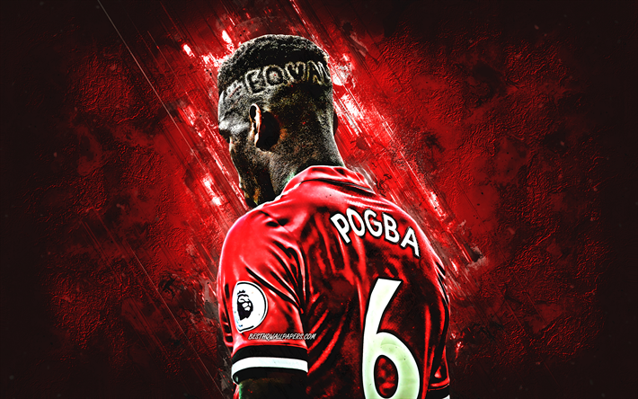 Paul Pogba, r&#246;da sten, Manchester United FC, franska fotbollsspelare, grunge, Premier League, Pogba, fotboll, Man United, England