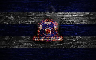 Maritzburg United FC, fire logo, Premier Soccer League, blue and white lines, South African football club, grunge, football, soccer, Maritzburg United logo, wooden texture, South Africa