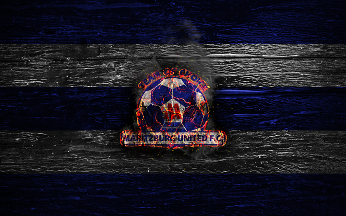 Maritzburg United FC, il fuoco il logo, il Premier Soccer League, blu e bianco a righe, South African football club, grunge, calcio, Maritzburg United logo, di legno, texture, Sud Africa