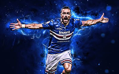 Fabio Quagliarella, joy, Sampdoria FC, striker, soccer, Serie A, Quagliarella, goal, Italian footballers, neon lights, creative, Italy