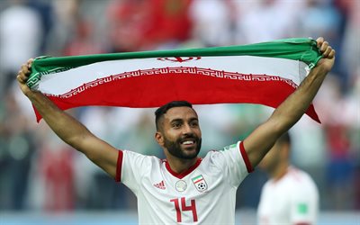 İran Saman Ghoddos, İran Milli Futbol Takımı, forvet, İranlı futbolcu, portre, Bayrak, futbol, İran