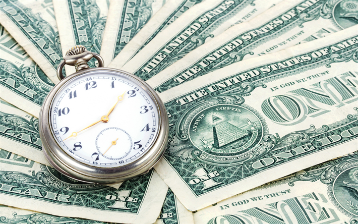 il tempo &#232; denaro, orologi, dollari americani, finanza concetti, soldi, dollari, vecchi orologi da tasca
