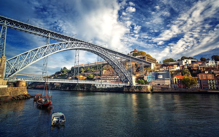 Porto, Dom Luis I Bridge, metal arch bridge, River Douro, Porto cityscape, landmark, summer, river, Portugal