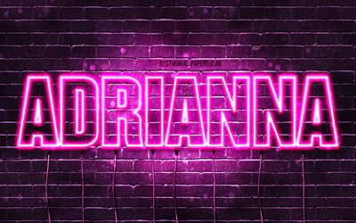 Adrianna, 4k, wallpapers with names, female names, Adrianna name, purple neon lights, horizontal text, picture with Adrianna name