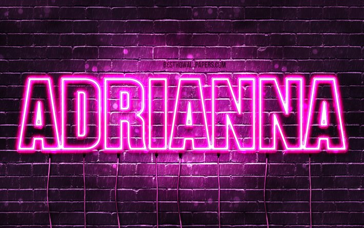 Adrianna, 4k, wallpapers with names, female names, Adrianna name, purple neon lights, horizontal text, picture with Adrianna name