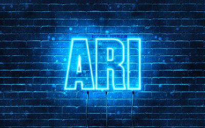 Ari, 4k, les papiers peints avec les noms, le texte horizontal, Ari nom, bleu n&#233;on, une photo avec le nom de Ari