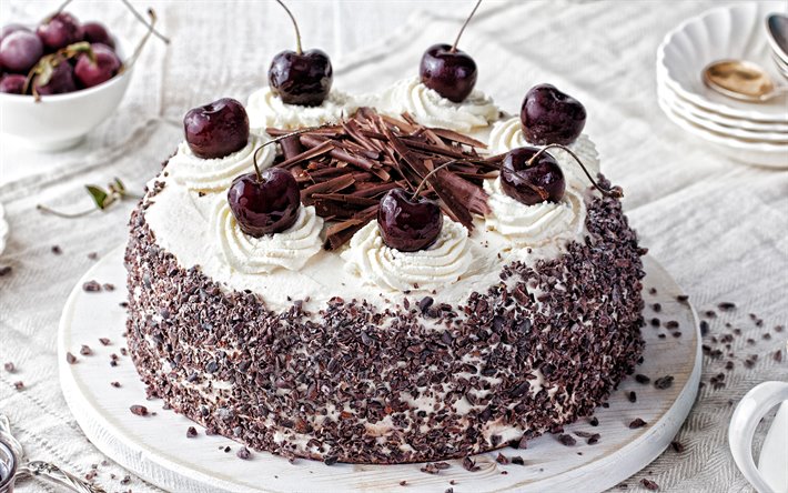 chocolate cake with cherries, chocolate dessert, cake, cherries, cream cake with cherries