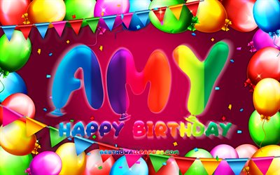 Joyeux Anniversaire Amy, 4k, color&#233; ballon cadre, Amy nom, fond mauve, Amy Joyeux Anniversaire, Amy Anniversaire, populaire en allemagne, les noms de femmes, Anniversaire concept, Amy
