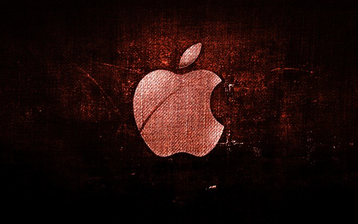 Apple logosu turuncu, turuncu kumaş arka plan, Apple, creative, Apple kot logo, grunge sanat, Apple logosu