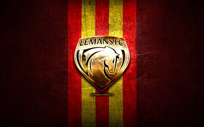Le Mans FC, golden logo, Ligue 2, red metal background, football, FC Le Mans, french football club, Le Mans FC logo, soccer, France