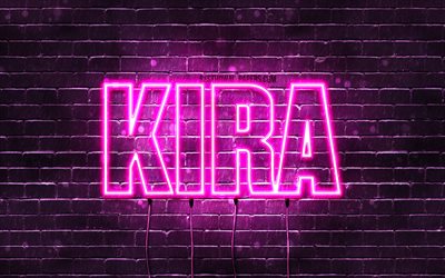 Kira, 4k, taustakuvia nimet, naisten nimi&#228;, Kira nimi, violetti neon valot, vaakasuuntainen teksti, kuva Kira nimi