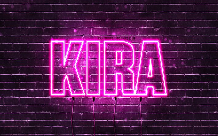 Kira, 4k, fondos de pantalla con los nombres, los nombres femeninos, Kira nombre, p&#250;rpura luces de ne&#243;n, el texto horizontal, imagen con el nombre de Kira