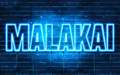 Malakai, 4k, fondos de pantalla con los nombres, el texto horizontal, Malakai nombre, luces azules de ne&#243;n, imagen con Malakai nombre