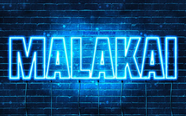 Malakai, 4k, pap&#233;is de parede com os nomes de, texto horizontal, Malakai nome, luzes de neon azuis, imagem com Malakai nome