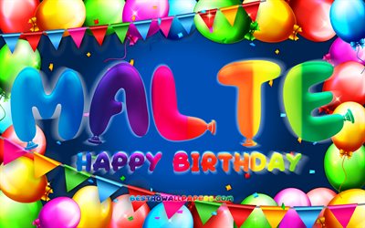 Happy Birthday Malte, 4k, colorful balloon frame, Malte name, blue background, Malte Happy Birthday, Malte Birthday, popular german male names, Birthday concept, Malte