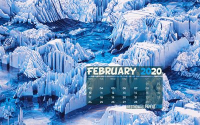 February 2020 Calendar, 4k, glacier, winter, 2020 calendar, February 2020, creative, winter landscape, February 2020 calendar with glacier, Calendar February 2020, blue background, 2020 calendars