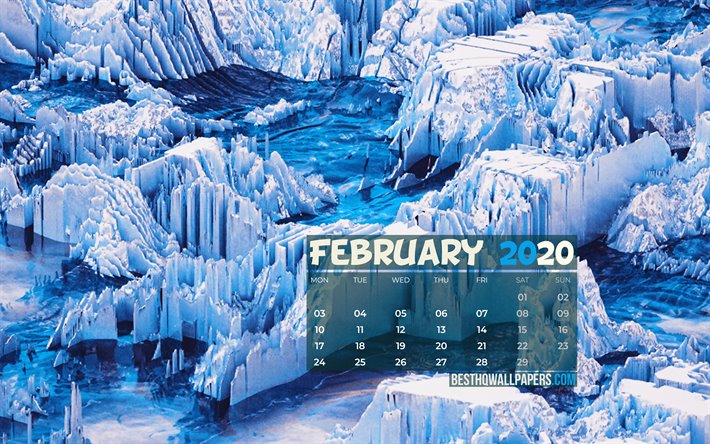 شباط / فبراير عام 2020 التقويم, 4k, الجليدية, الشتاء, 2020 التقويم, شباط / فبراير عام 2020, الإبداعية, المناظر الطبيعية في فصل الشتاء, شباط / فبراير عام 2020 التقويم مع الجليدي, التقويم شباط / فبراير عام 2020, خلفية زرقاء, 2020 التقويمات